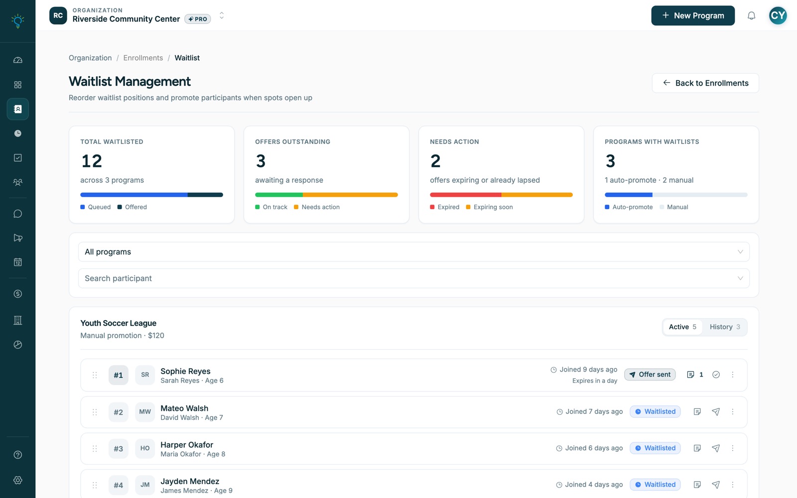 Assembly Waitlist Management screen with ordered waitlists and one-tap promote controls