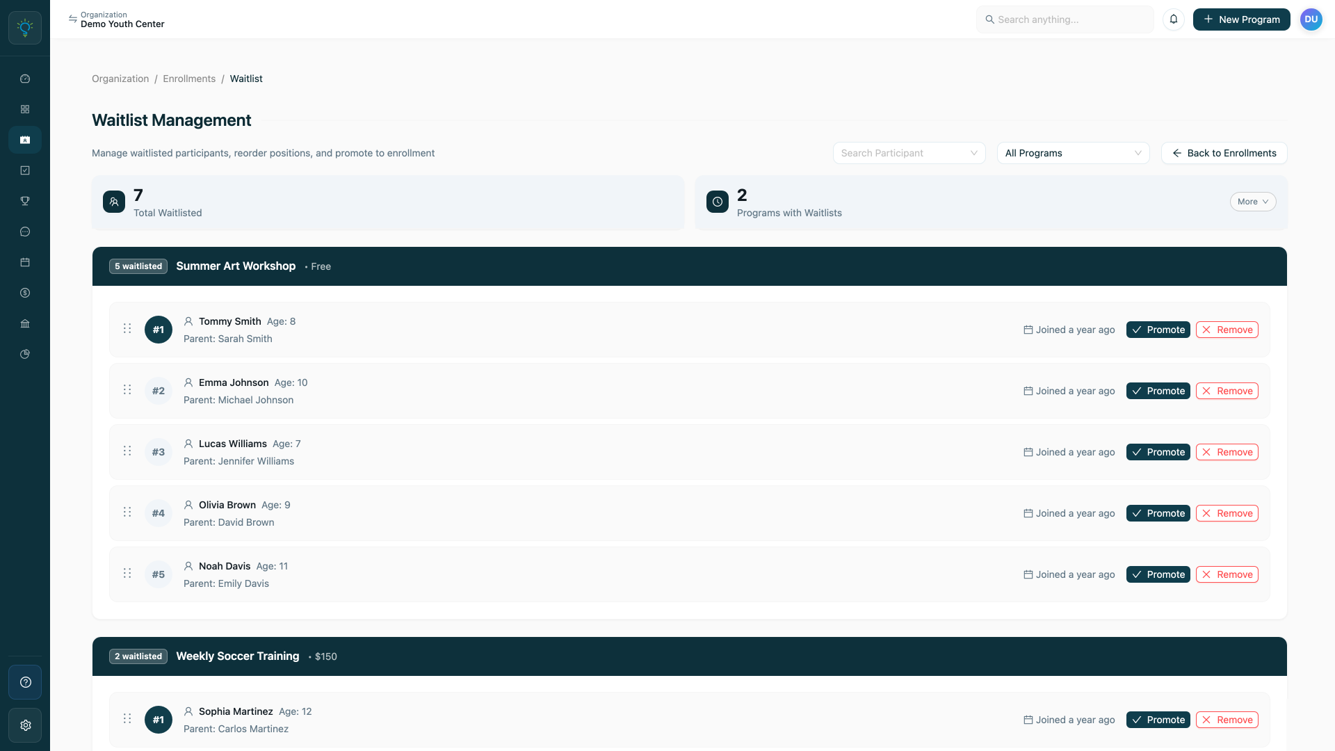 Assembly Waitlist Management screen with ordered waitlists and one-tap promote controls