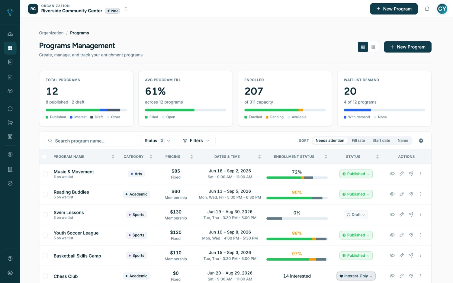 Assembly Programs Management dashboard showing program creation, scheduling, pricing, and enrollment status