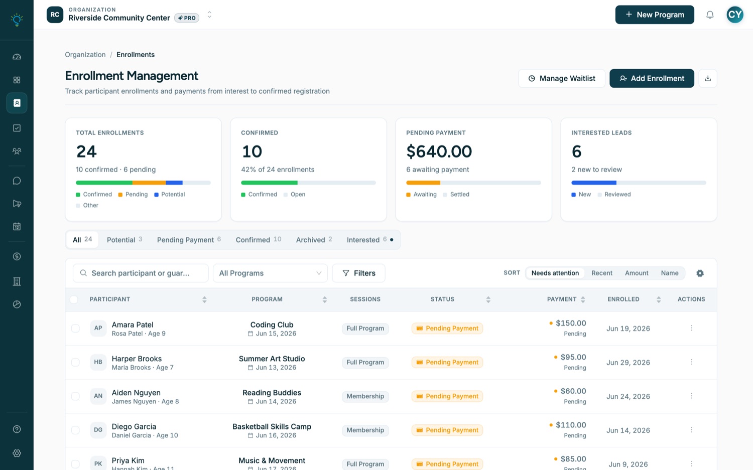 Assembly Enrollment Management screen listing participant registrations, payment status, and waitlist controls