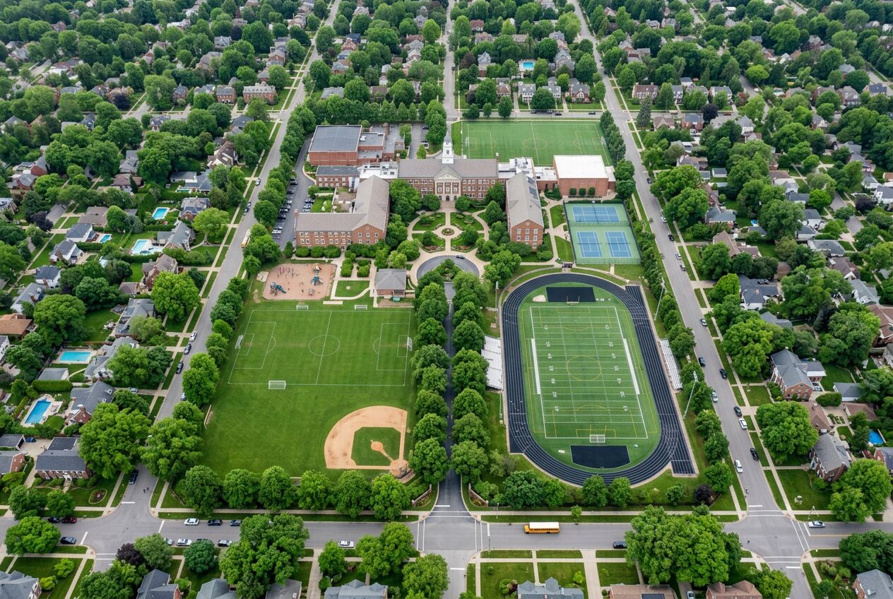 Aerial view of a community neighborhood where Assembly partners run programs